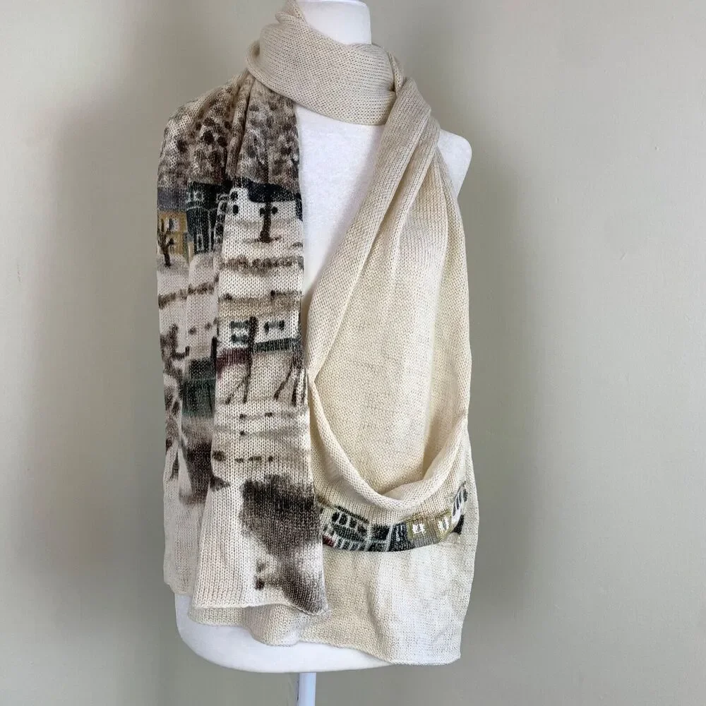 Anthropologie Hani Min Hand Painted Merino Wool Scarf Winter Visit Village Scene